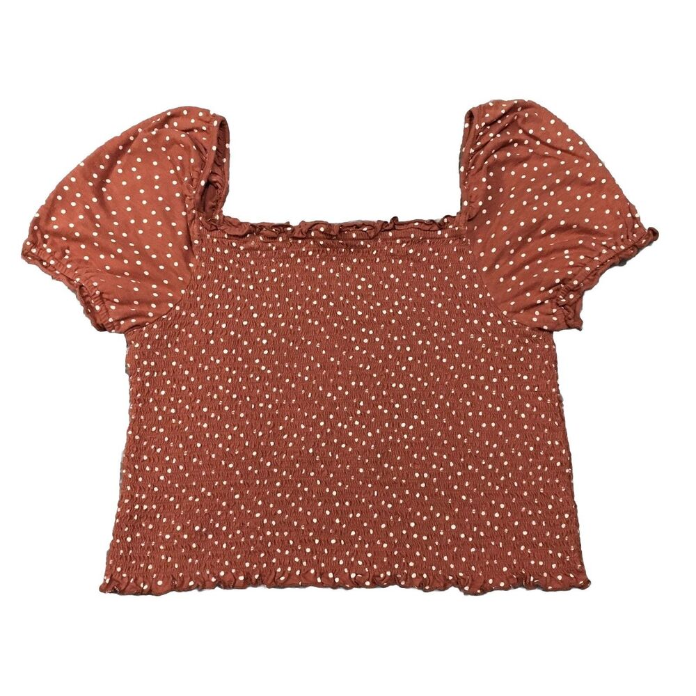 American Eagle Smocked Top L Burnt Red Polka Dot Puff Sleeve Boho Crop Blouse